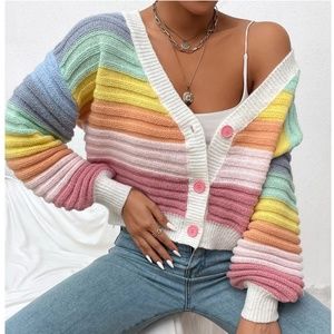 Rainbow Colors Fun Knit Cardigan Sweater Button Front V-Neck